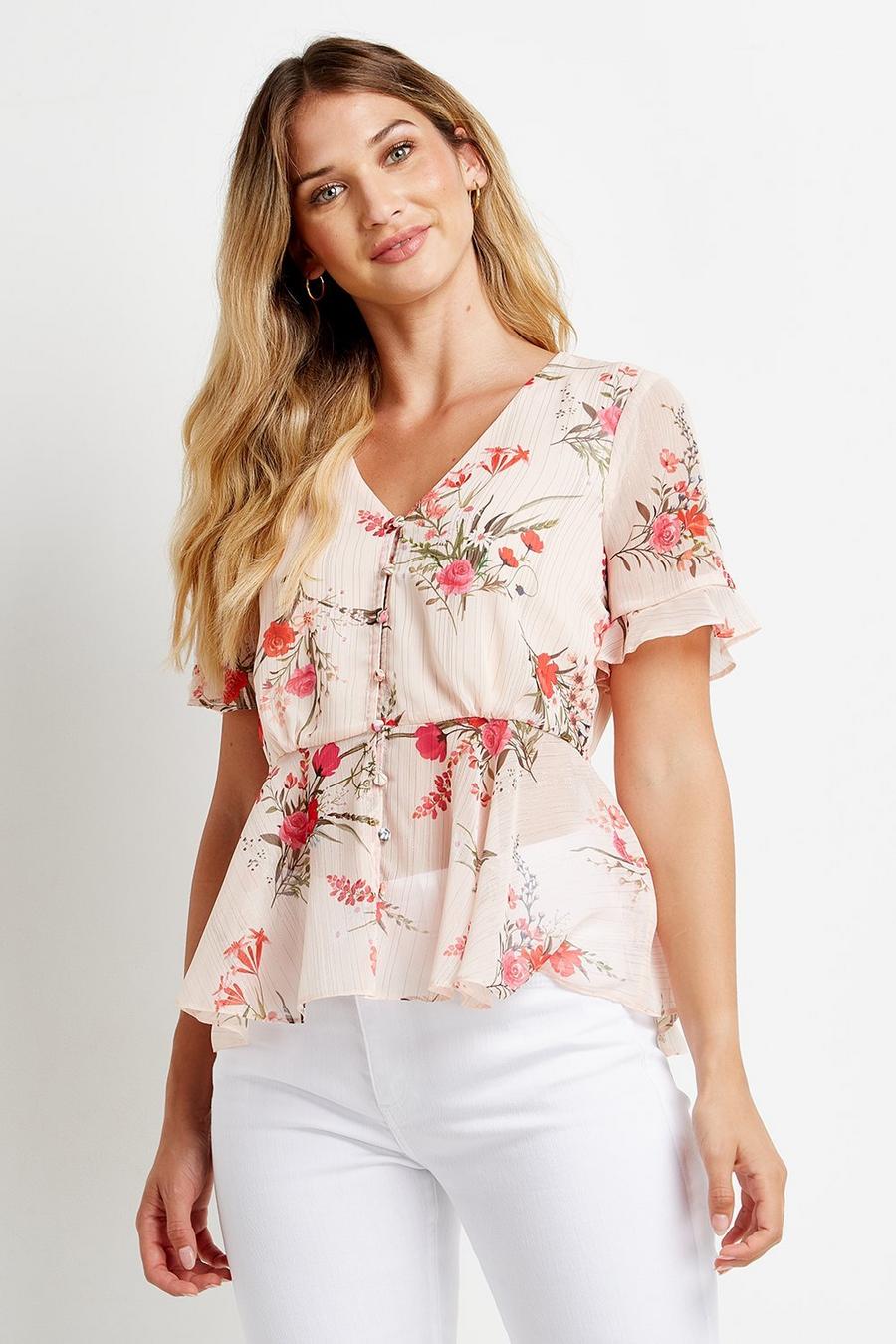 Petite Cream Floral Frill Sleeve Top