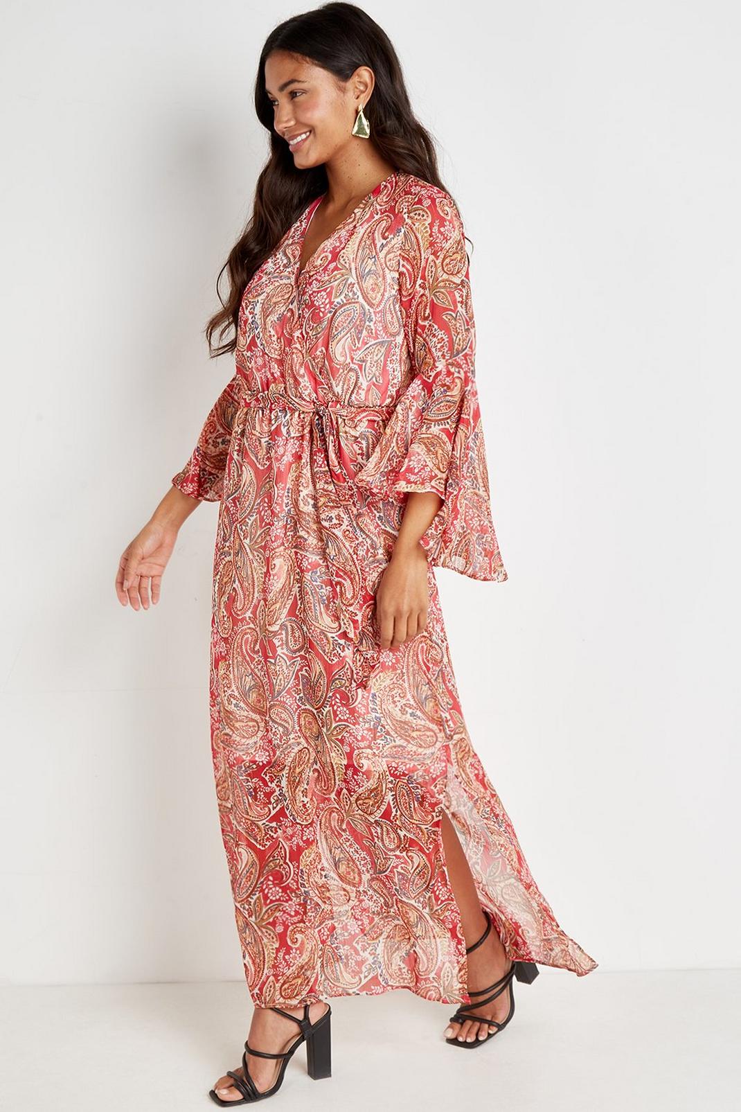 Red Metallic Paisley Frill Sleeve Maxi Dress image number 1