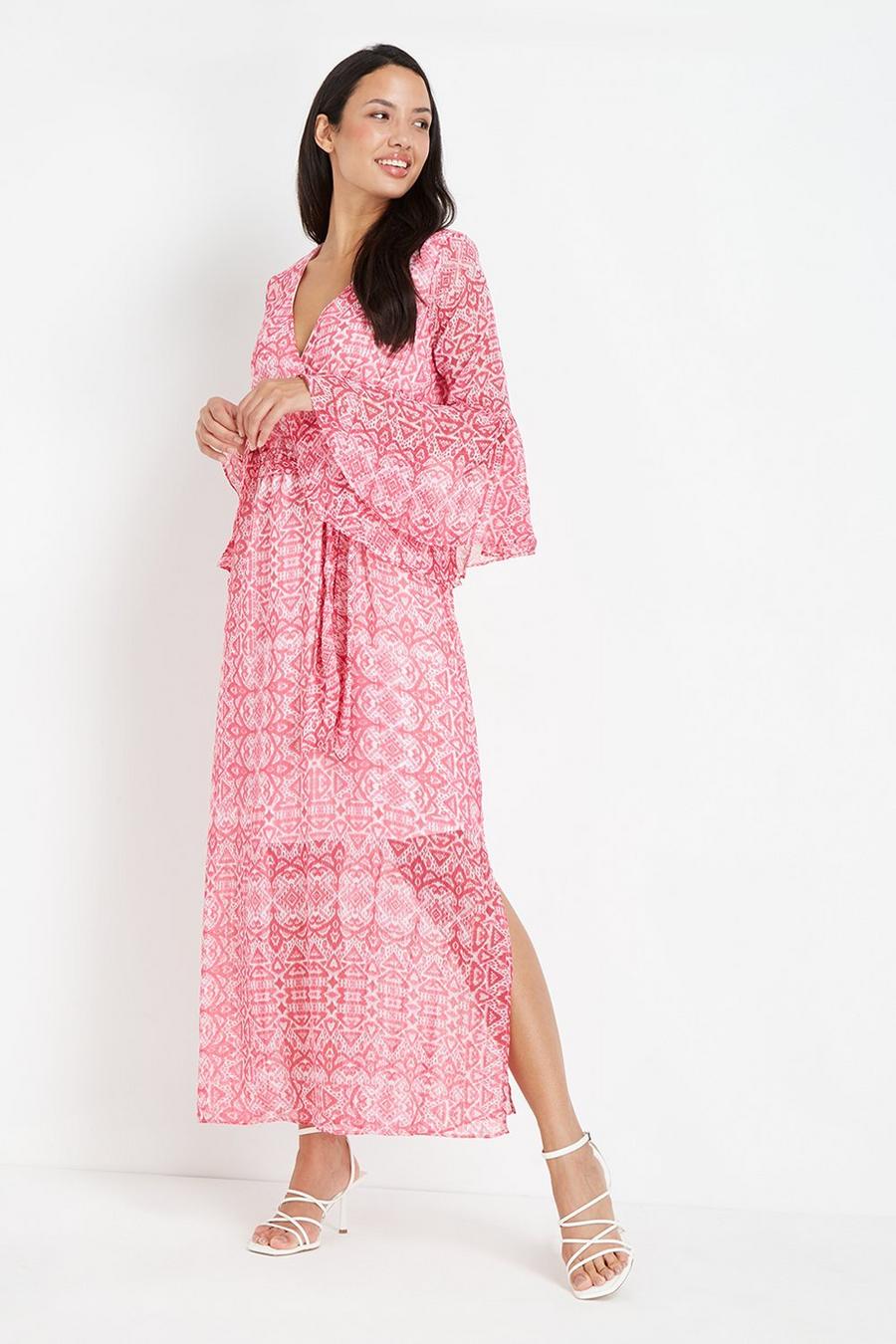 Pink Metallic Geo Frill Sleeve Maxi Dress