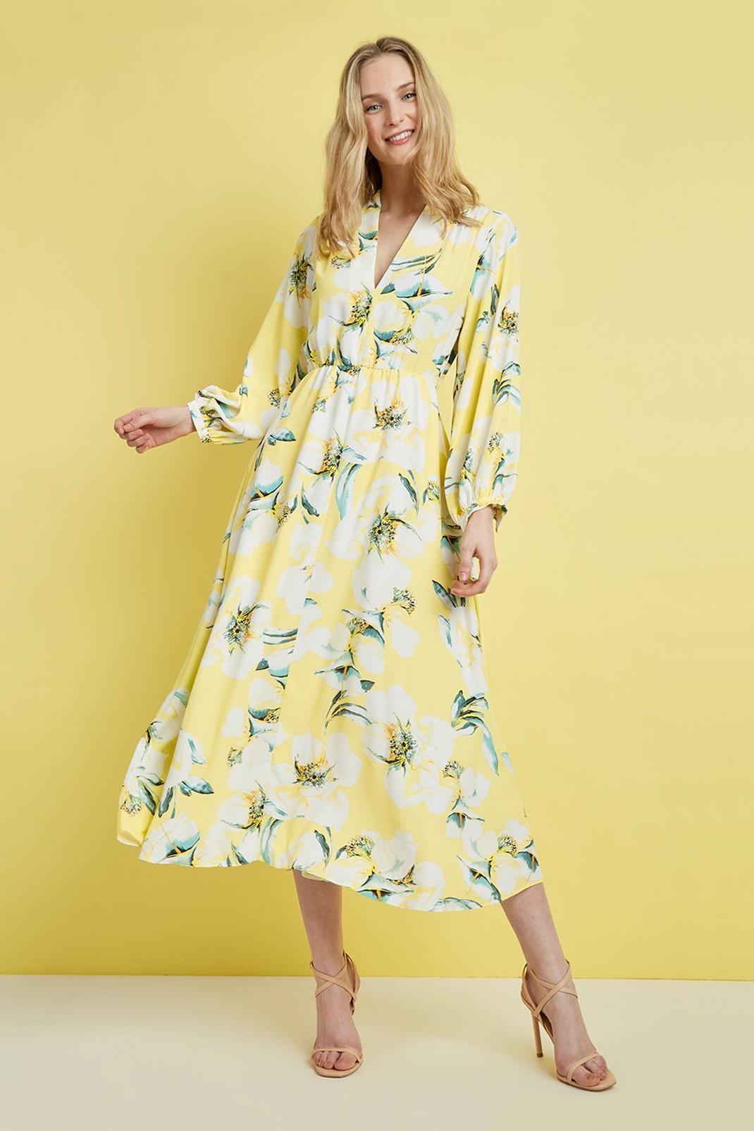 Yellow Summer Bloom Volume Sleeve Midi Dress image number 1