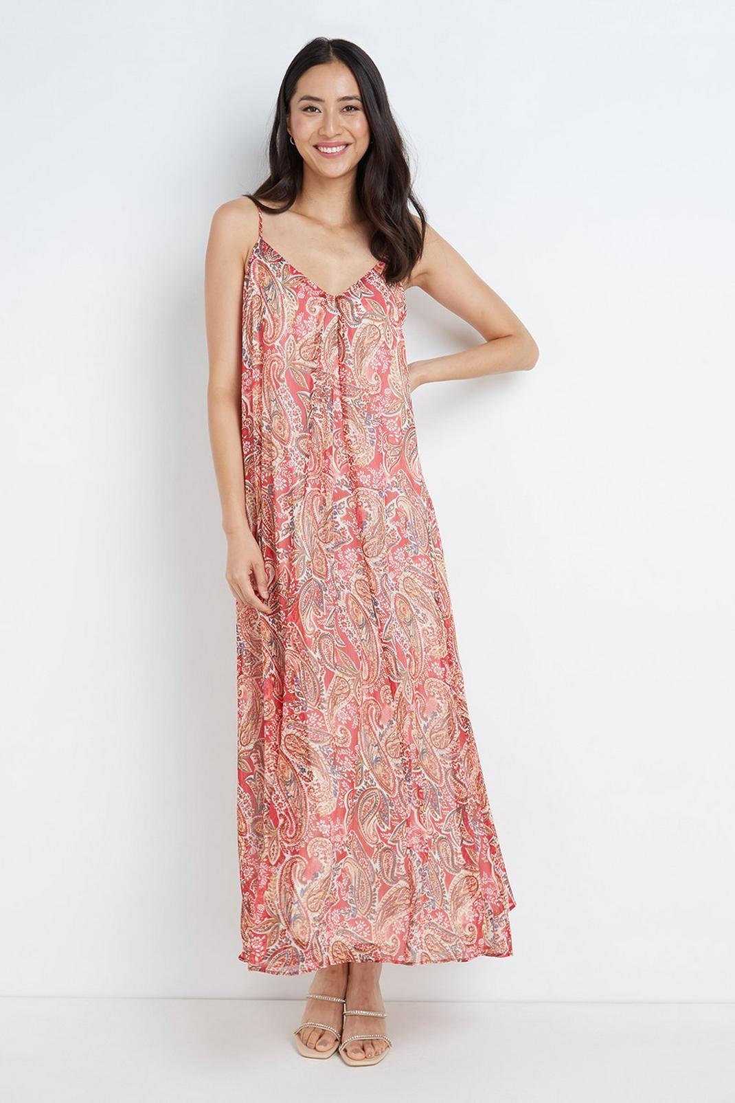 Red Metallic Paisley Strappy Volume Maxi Dress image number 1