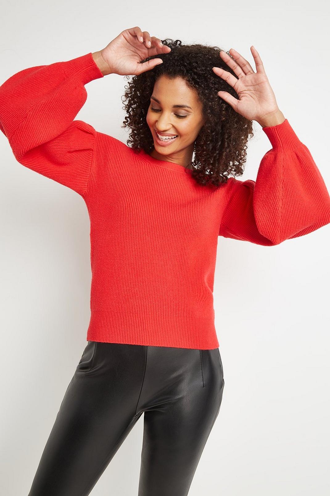 Red Balloon Sleeve Ribbed Jumper image number 1