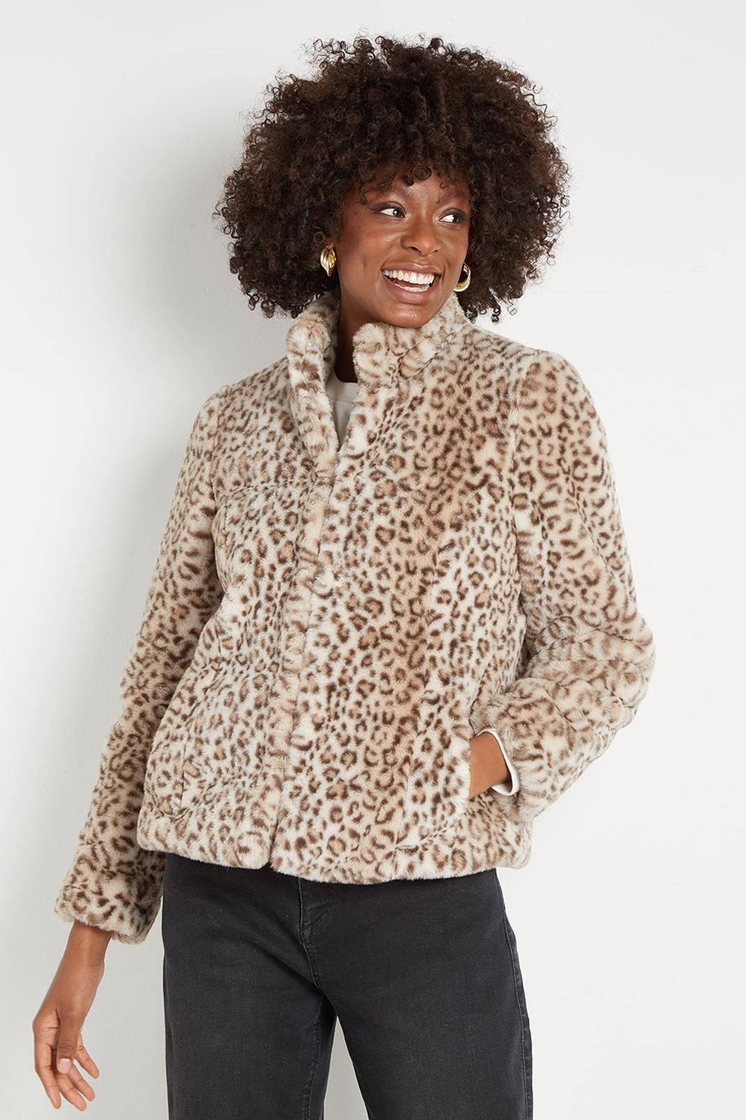 Neutral Leopard Animal Faux Fur Coat image number 1
