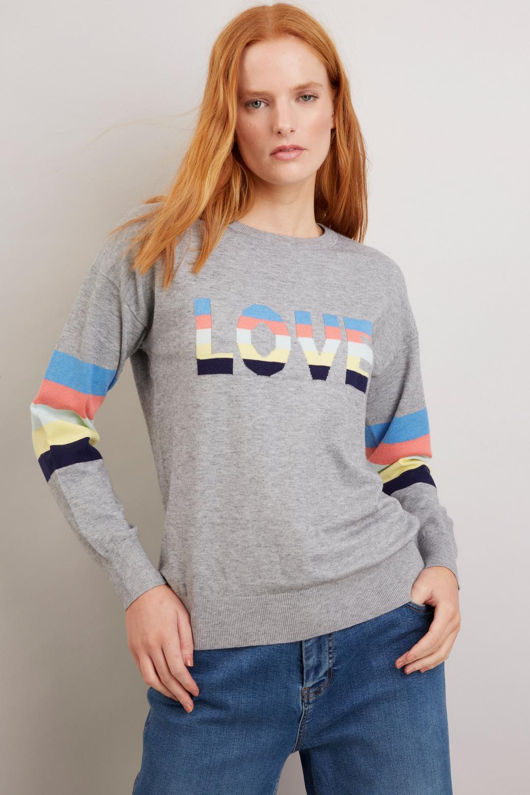 Grey Stripe Love Slogan Jumper image number 1