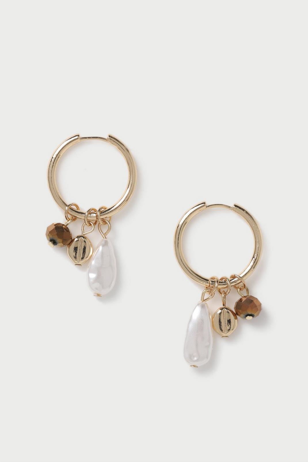 Gold Pearl Charm Hoop Earrings image number 1