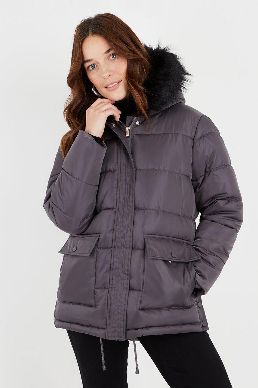 Petite Patch Pocket Faux Fur Hooded Padded Coat