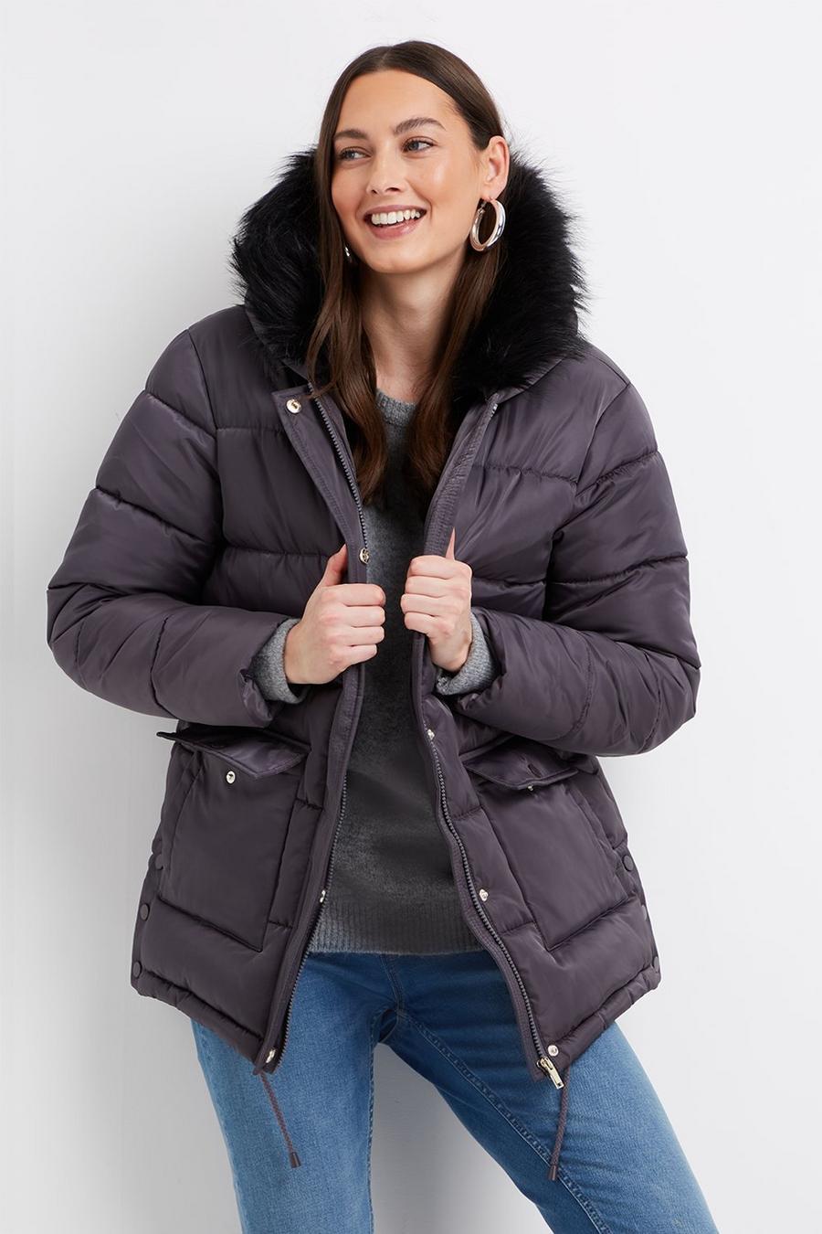 Patch Pocket Fur Hooded Padded Coat