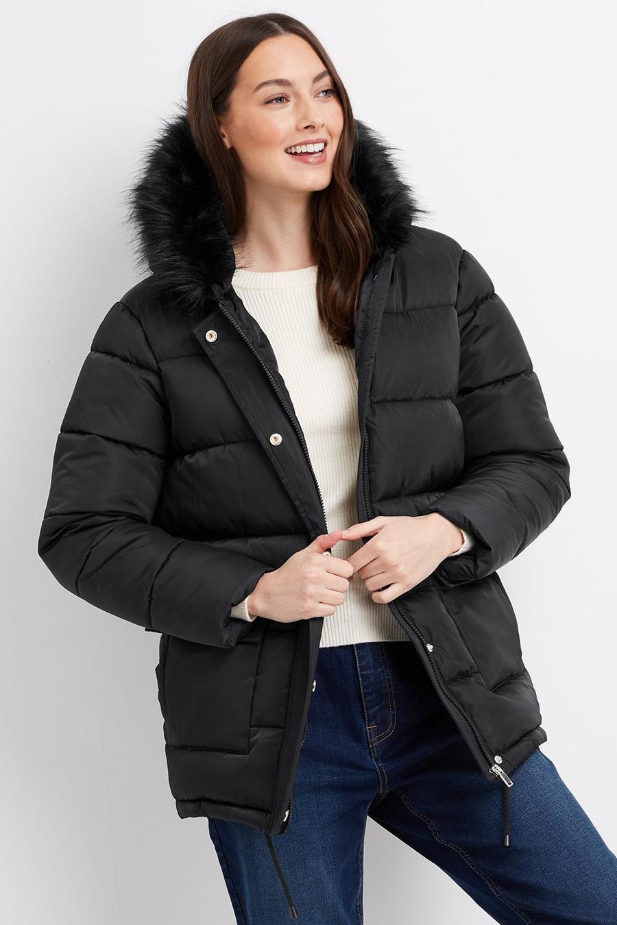 Patch Pocket Fur Hooded Padded Coat