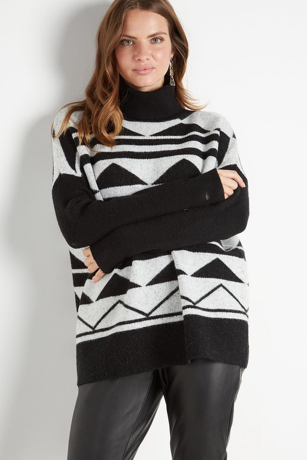 Black Aztec Cosy Wool Roll Neck Jumper image number 1