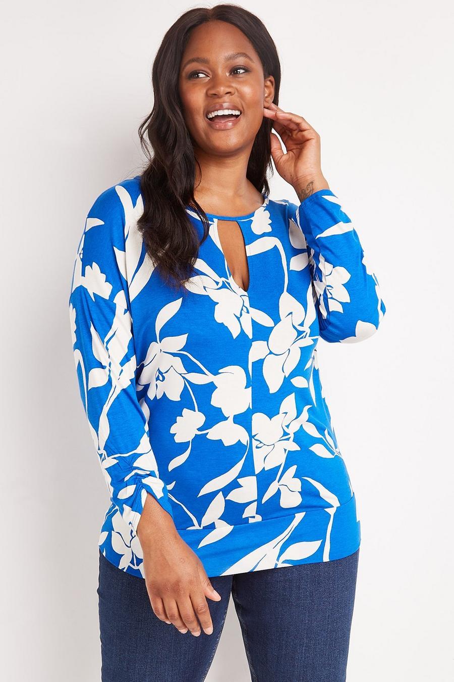 Curve Blue Floral Jersey Banded Top