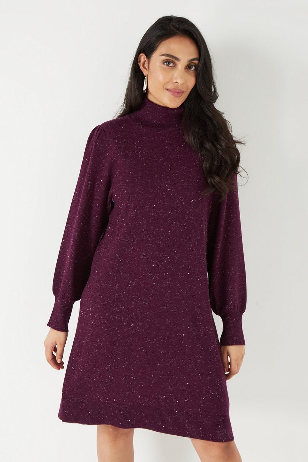 Petite Purple Metallic Knitted Roll Neck Dress image number 1