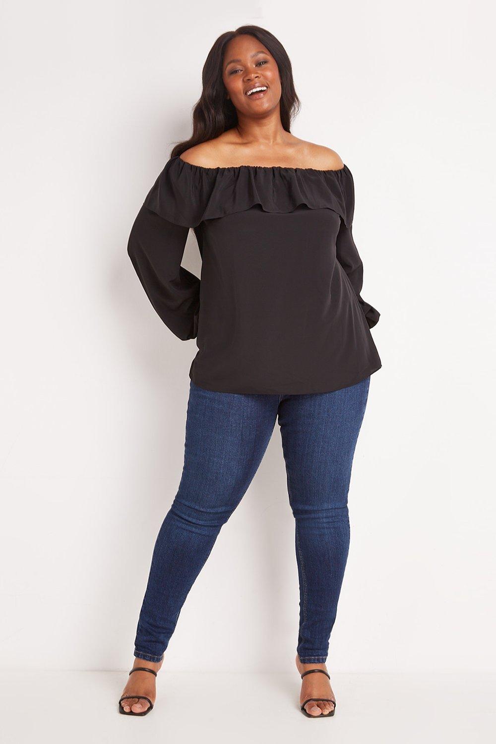 black frill bardot top