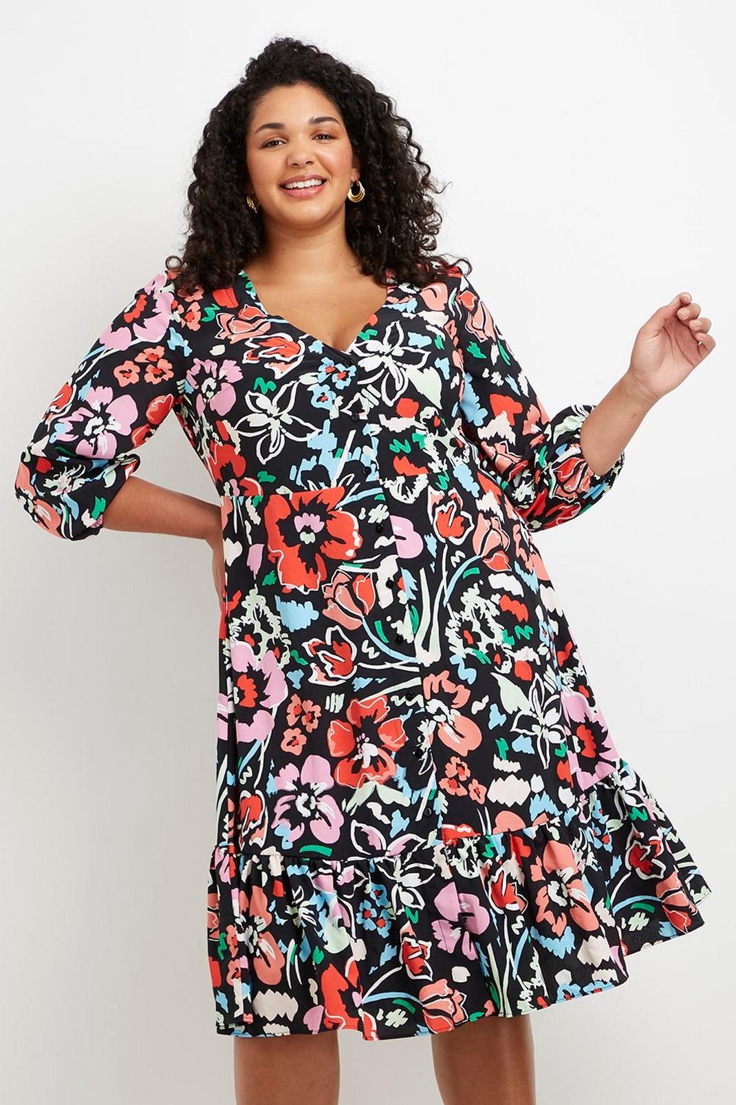 Black Curve Floral Button Through Tiered Midi Dress image number 1
