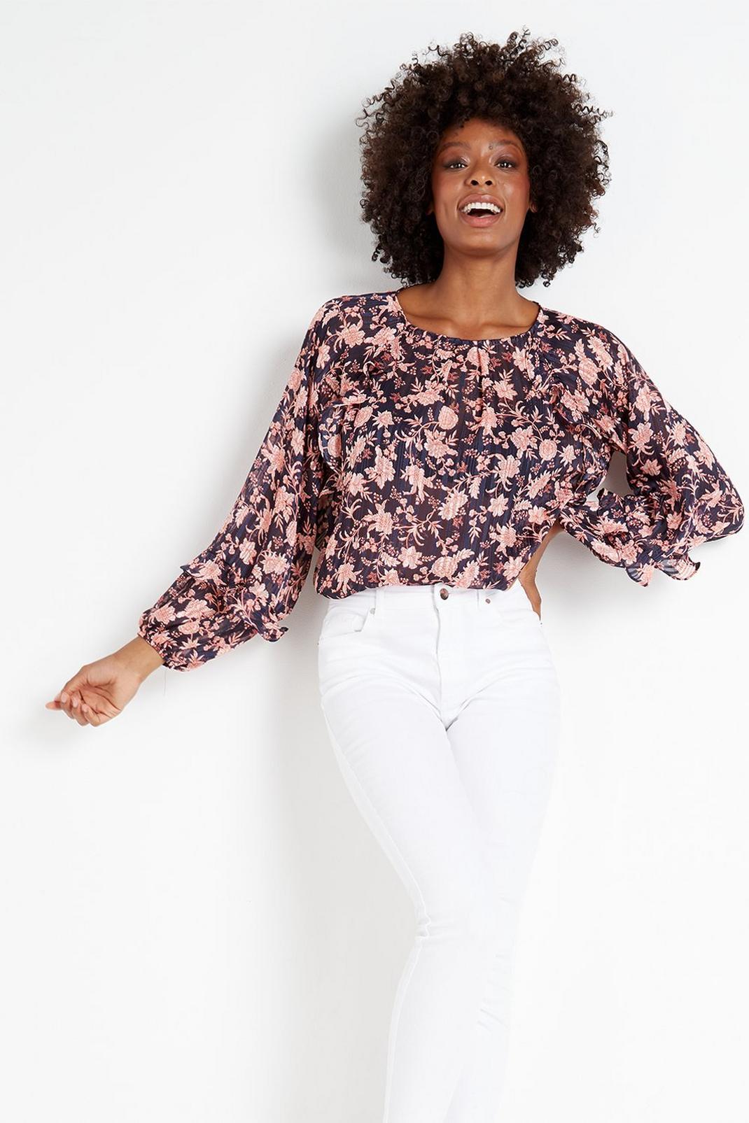 148 Floral Burnout Blouson Sleeve Ruffle Top image number 1