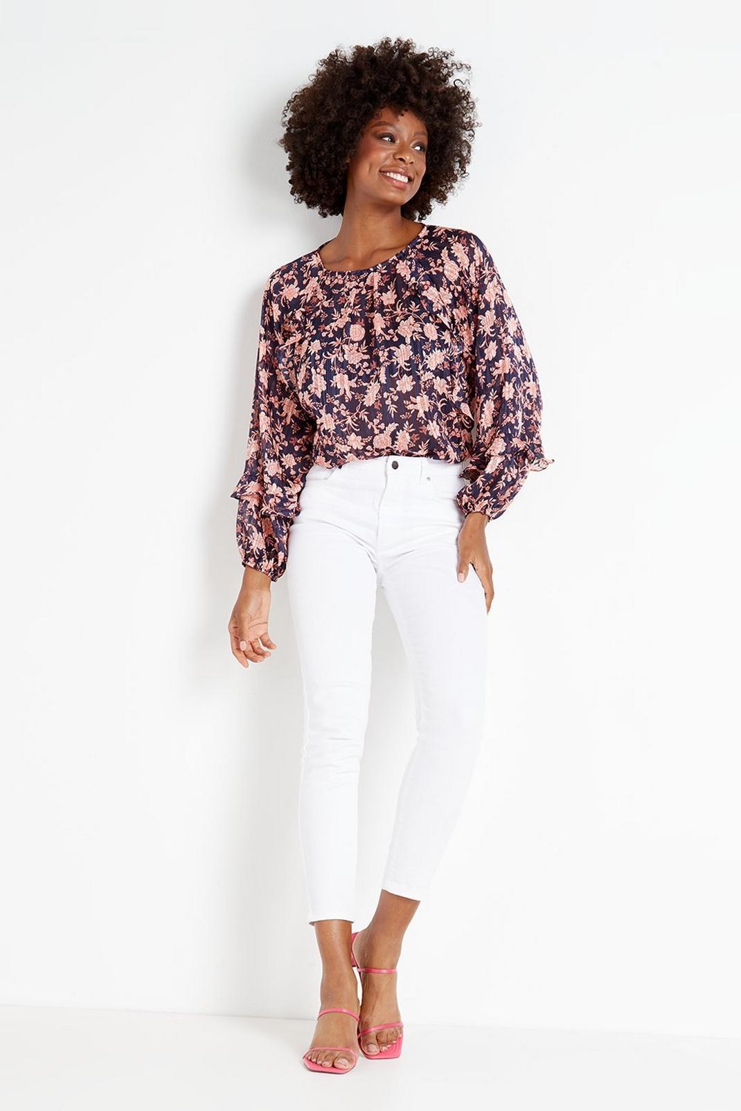 148 Floral Burnout Blouson Sleeve Ruffle Top image number 2