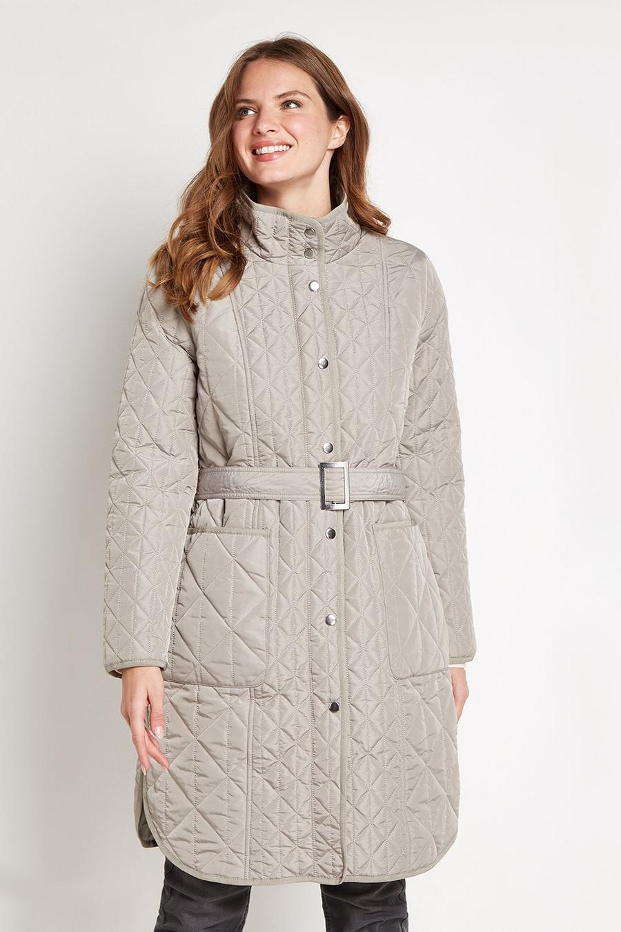 Quilted Funnel Neck Belted Midi Coat