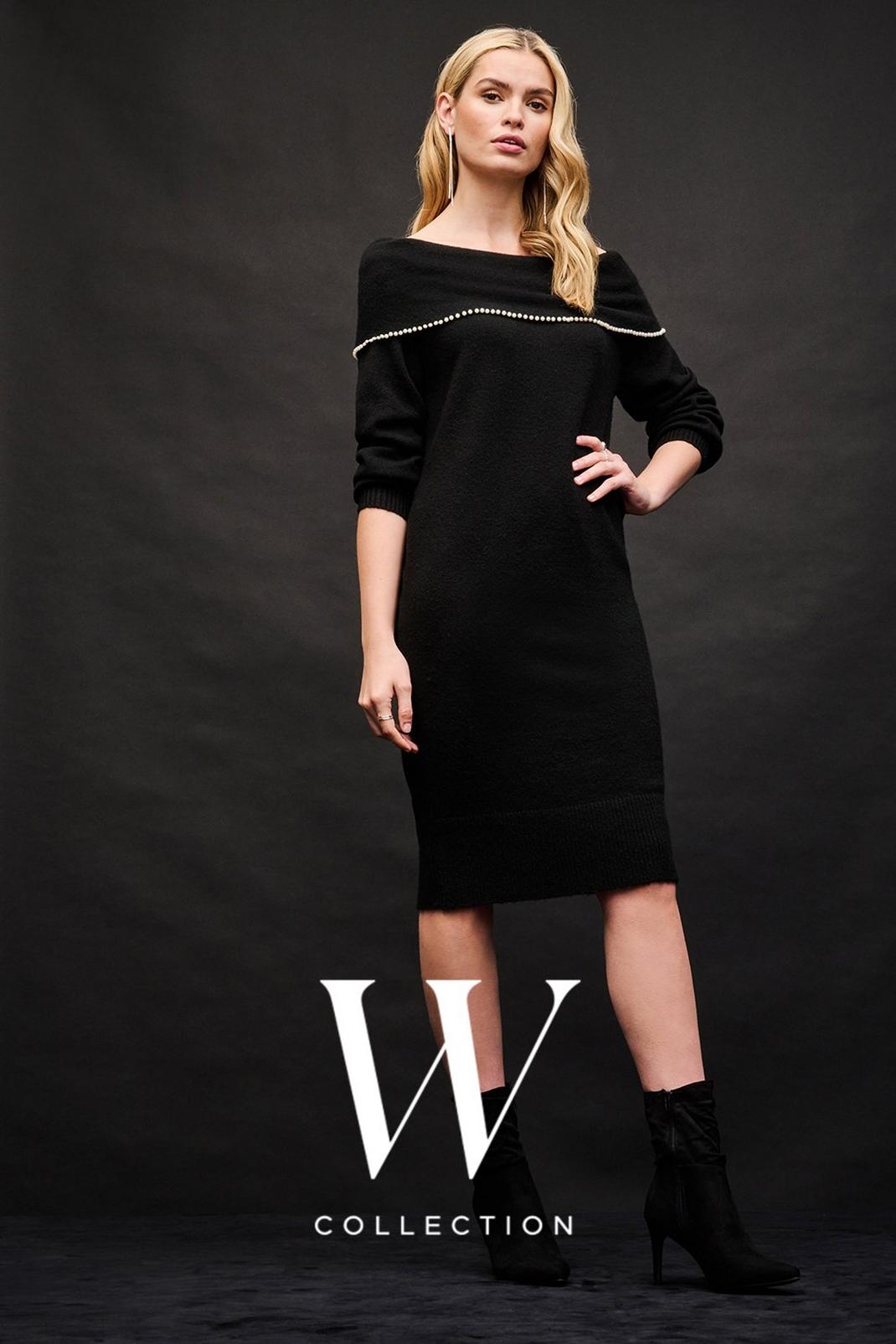 Black Pearl Trim Bardot Knitted Dress image number 1