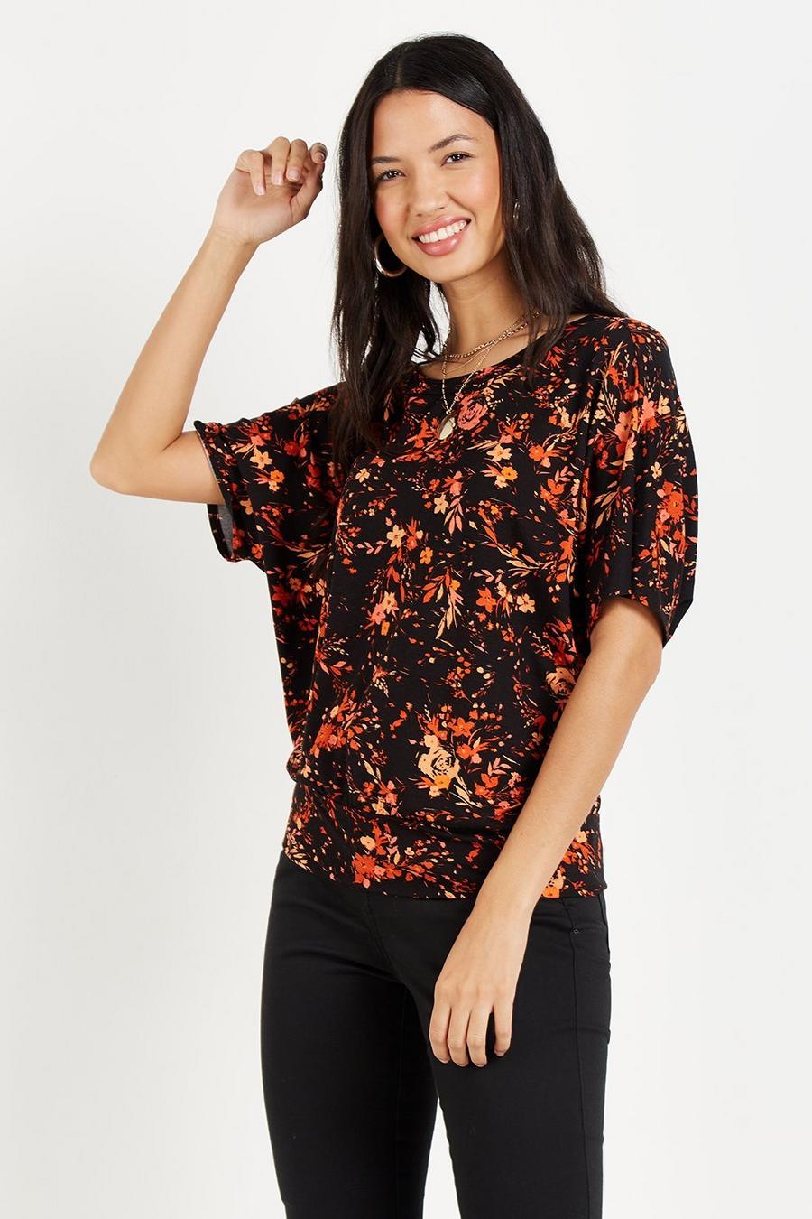 Petite Black Floral Jersey Banded Top