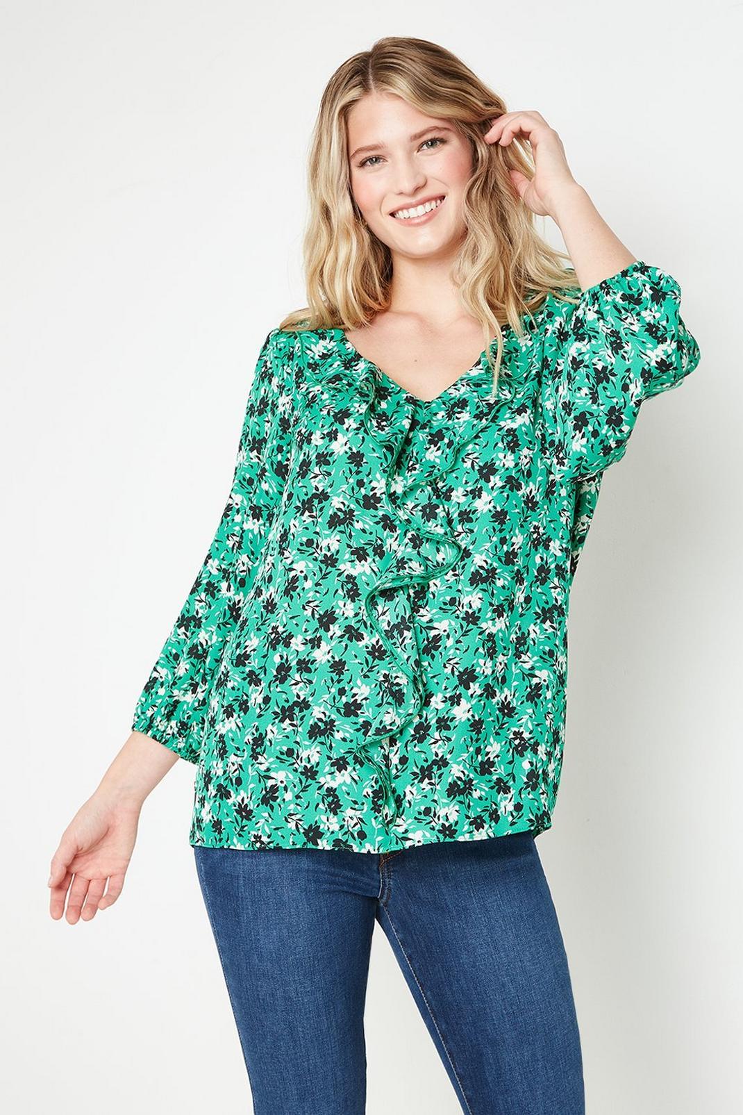 Green Floral Long Sleeve Ruffle Top image number 1