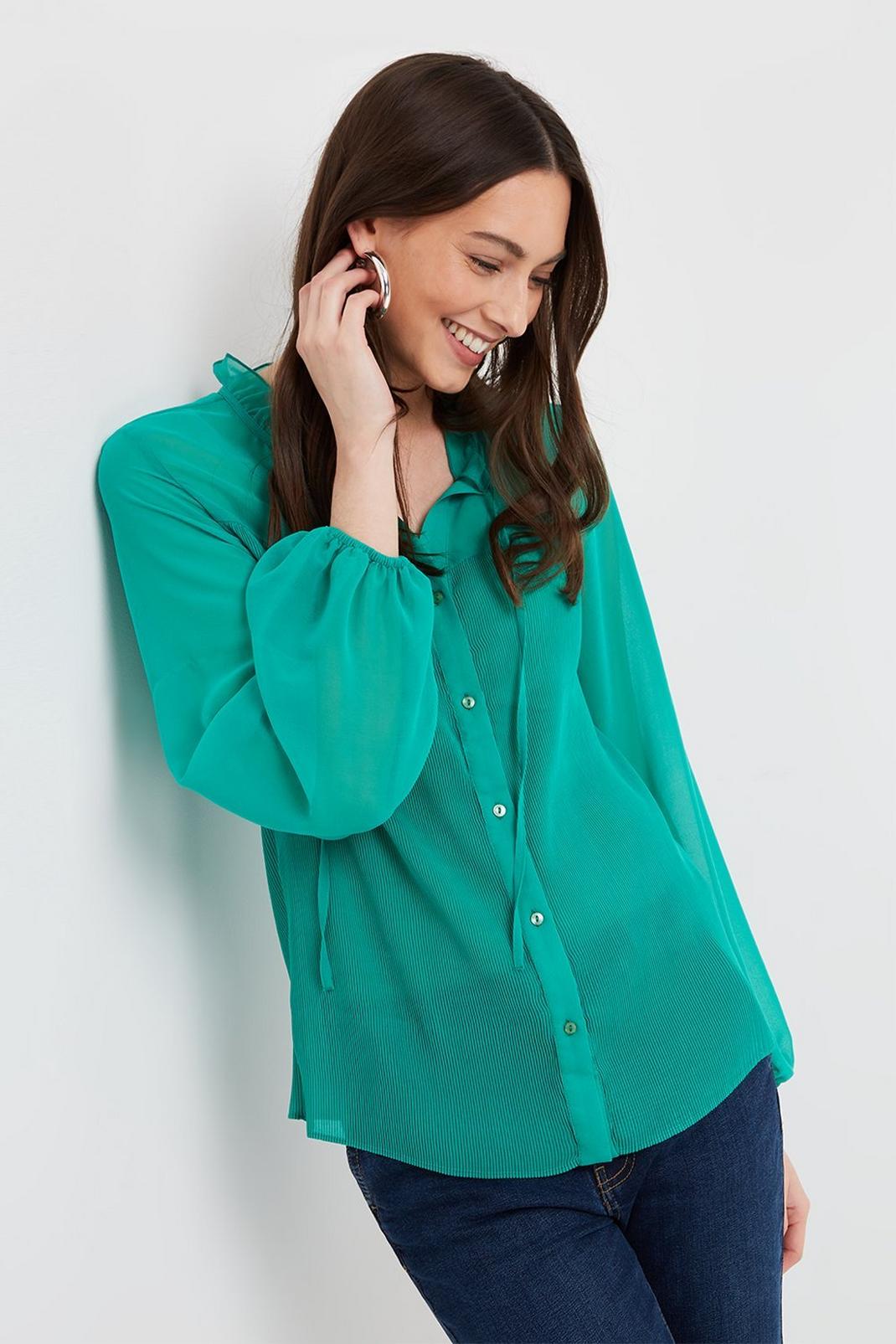Green Pleated Tie Neck Blouse image number 1