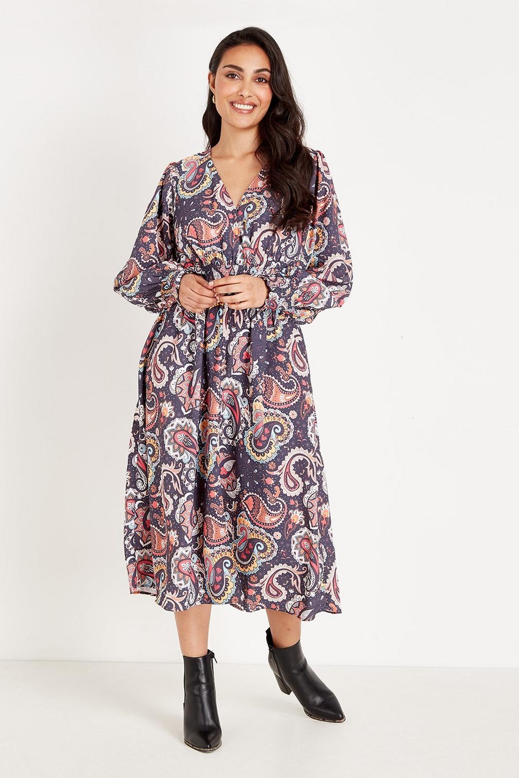 105 Petite Paisley Shirred Waist Midi Dress image number 1