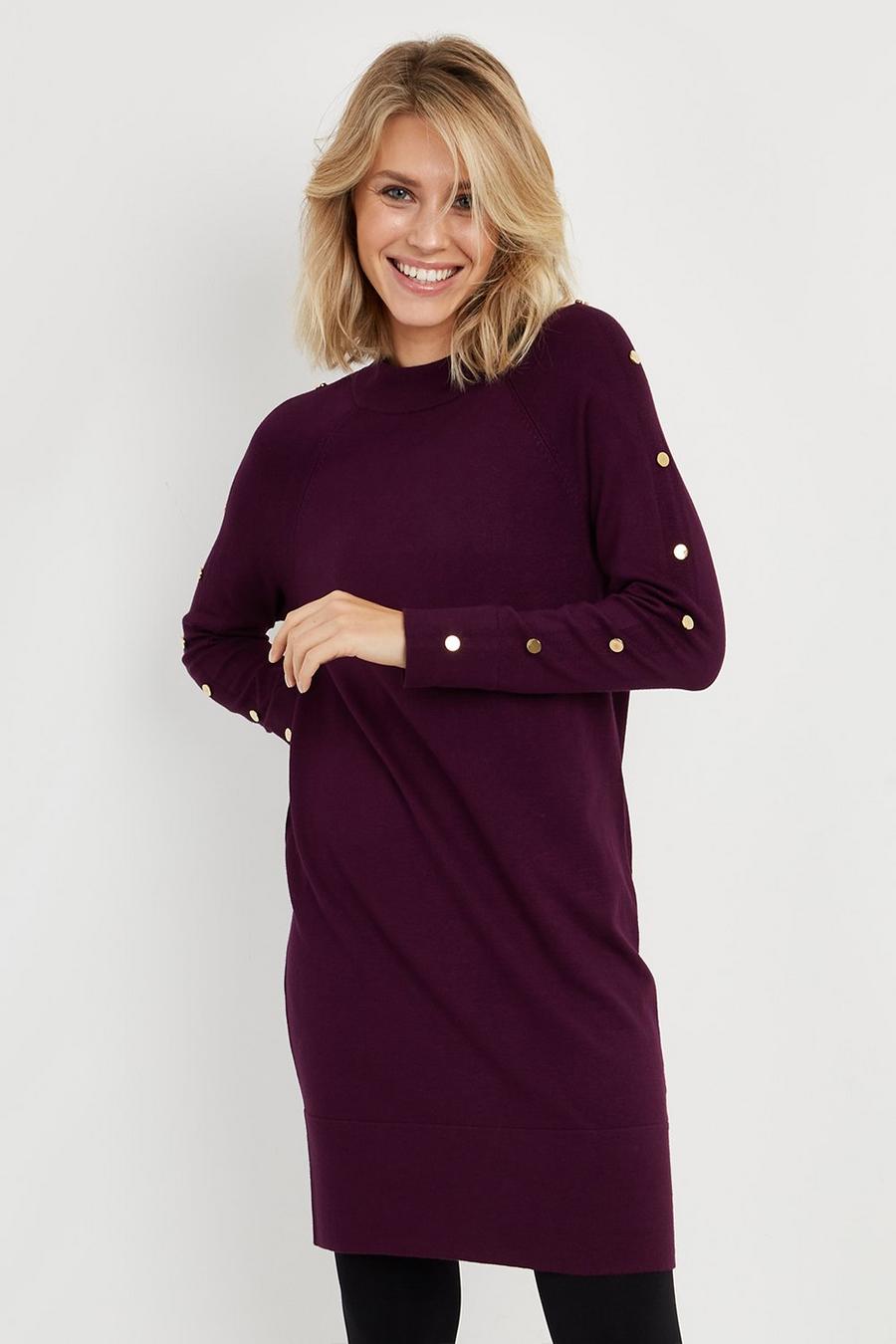 Petite Button Detail Funnel Knitted Dress