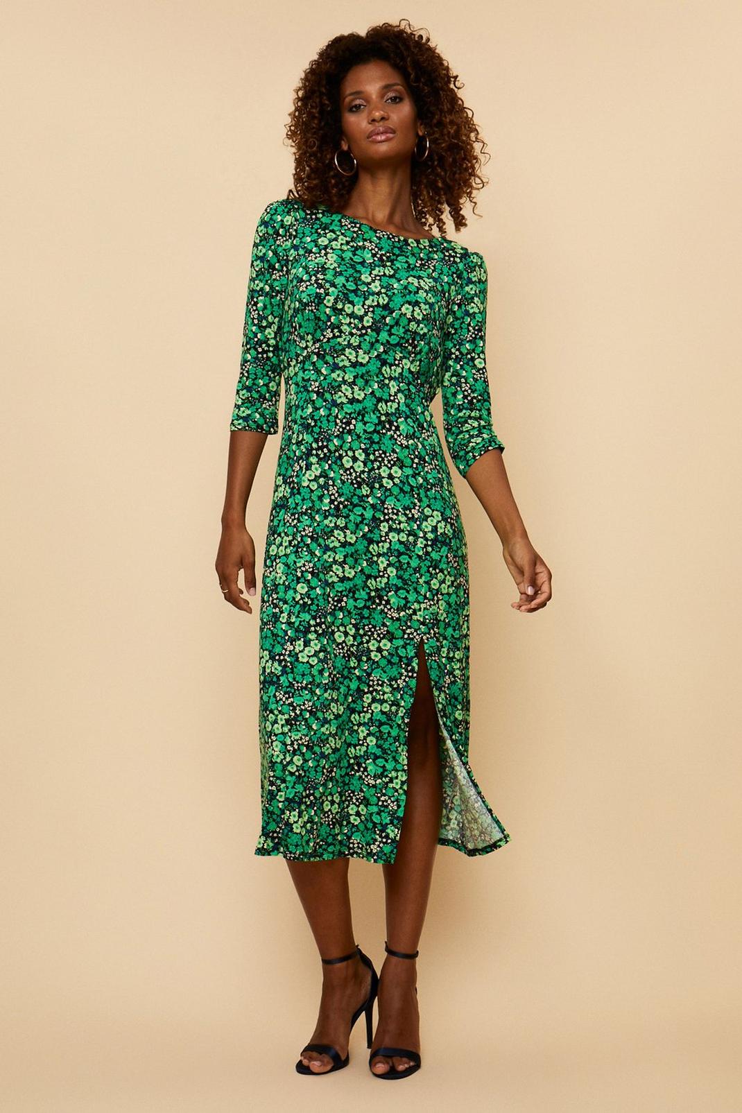 130 Green Floral Slash Neck Jersey Midi Dress image number 1
