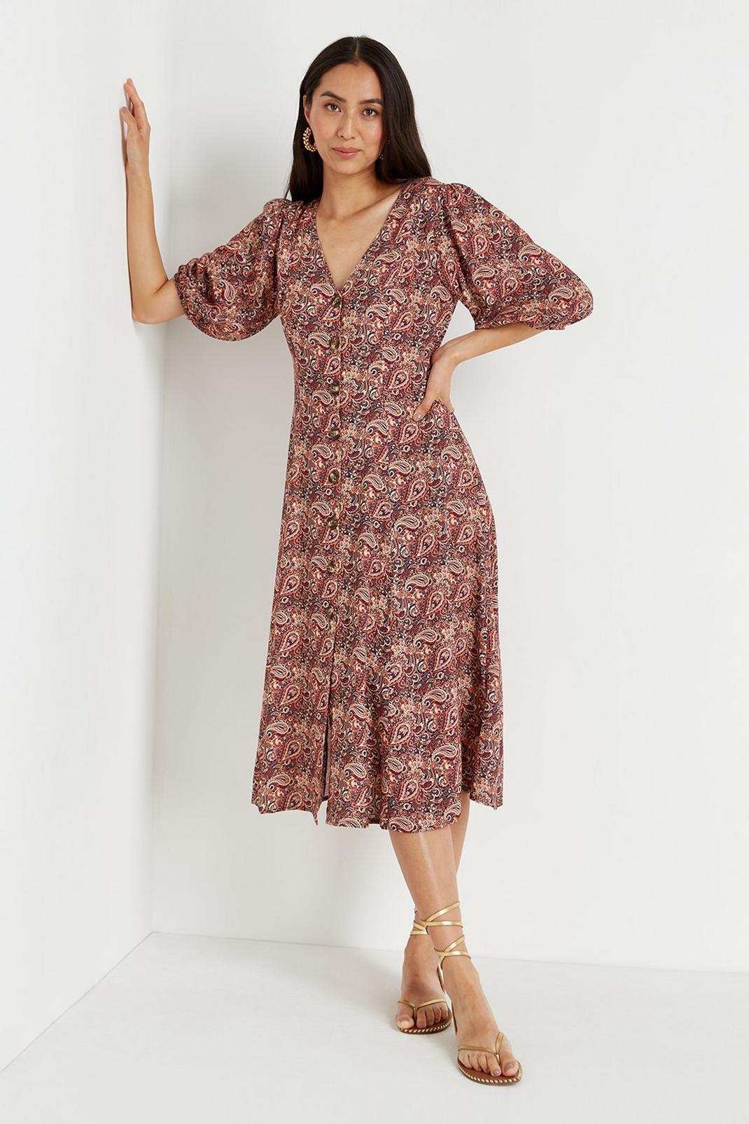 996 Pretty Paisley Button Front Midi Dress image number 1