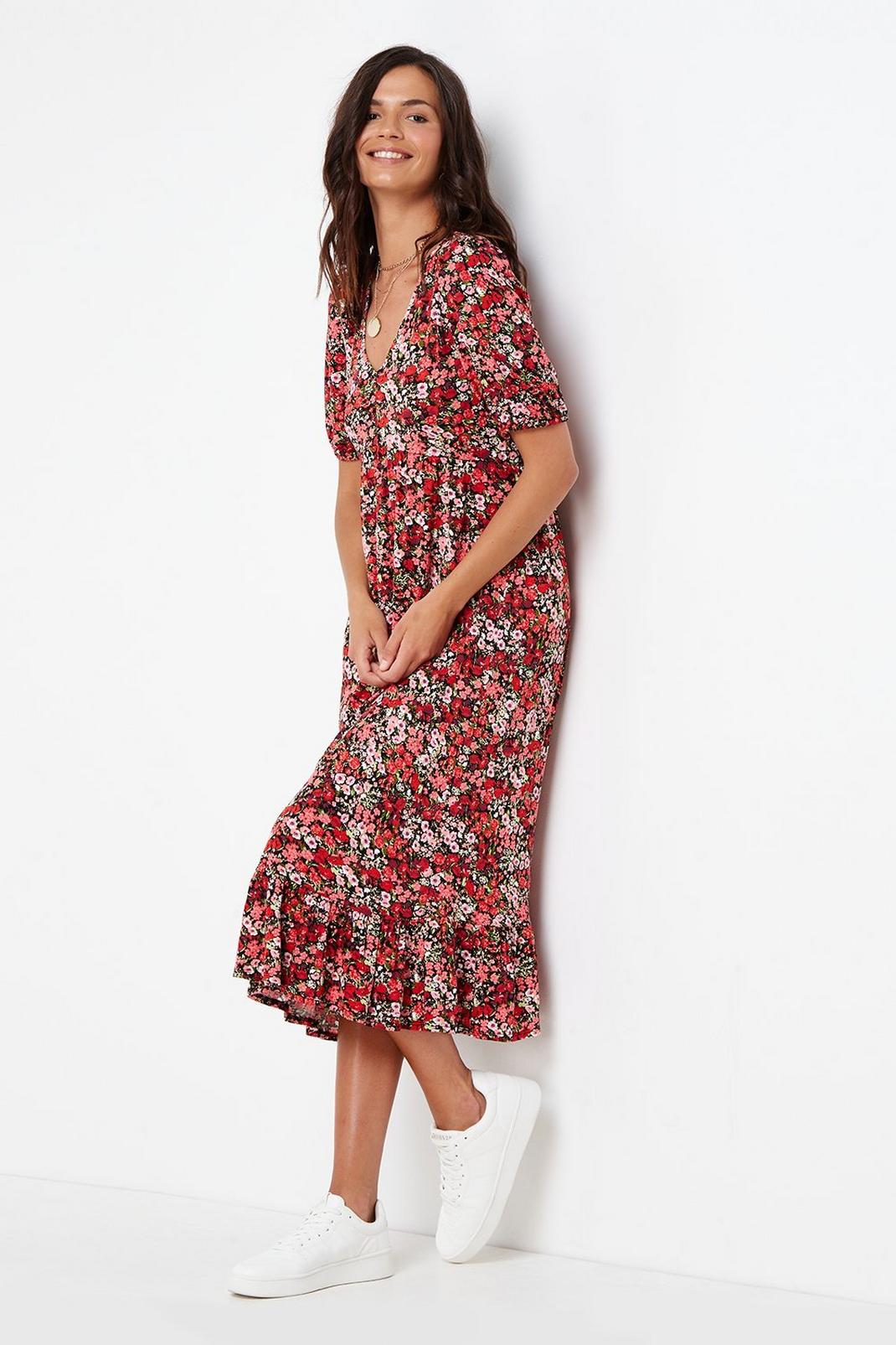 157 Red Floral Tiered Jersey Midi Dress image number 2