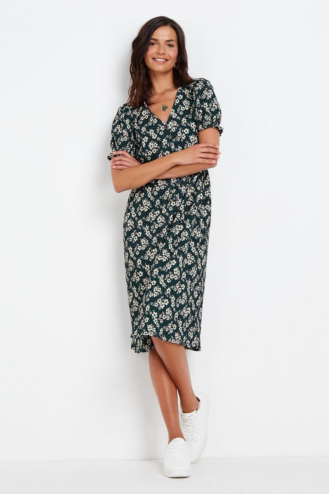 130 Petite Green Floral Jersey Button Midi Dress image number 2