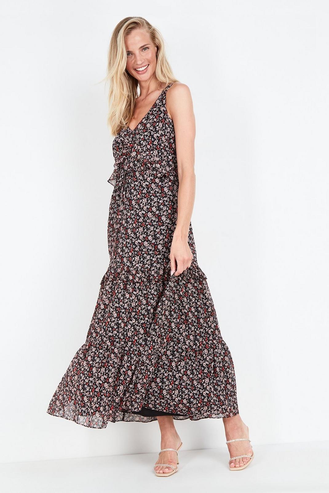 Black Floral Glitter Sleeveless Tiered Maxi Dress image number 1