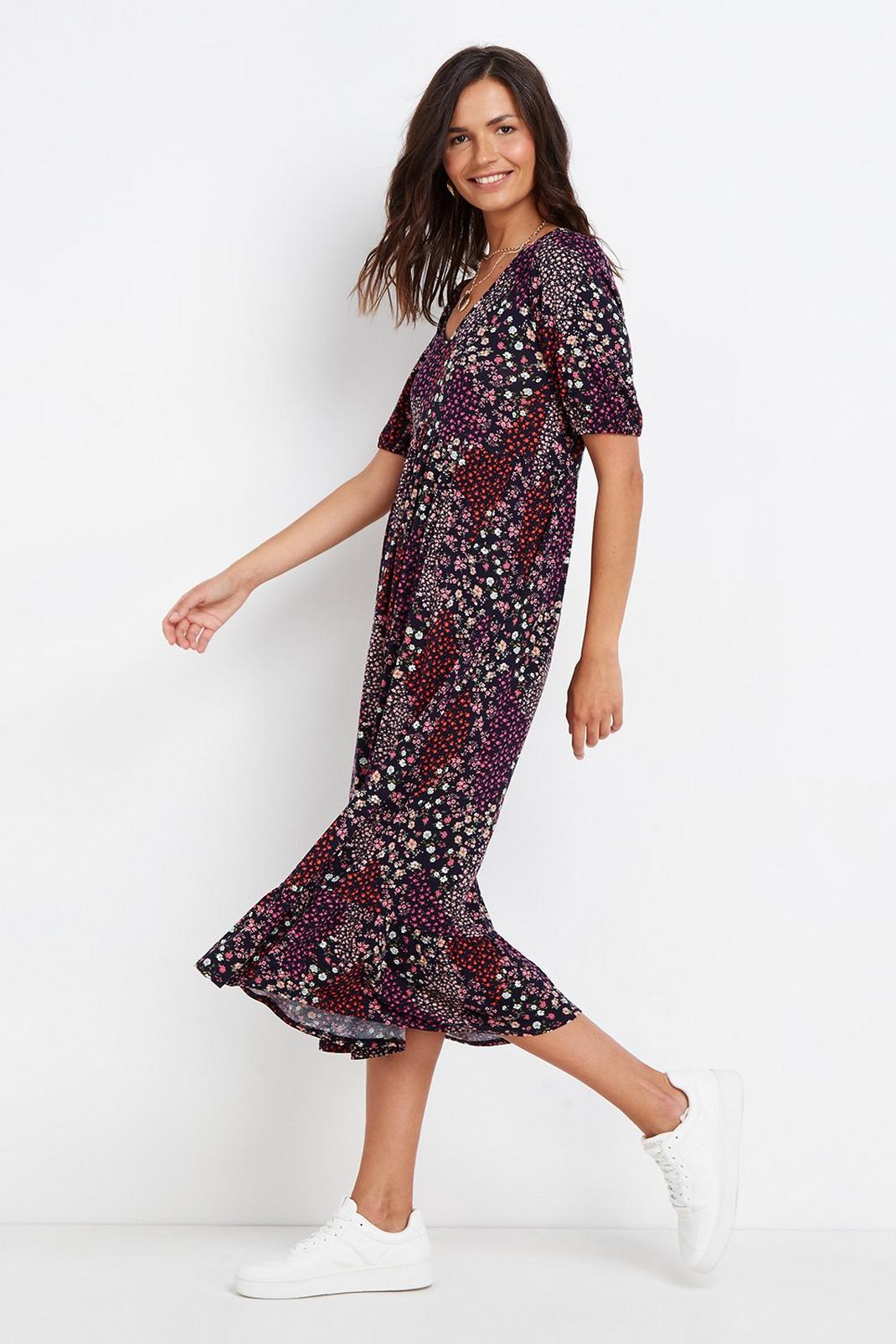 Berry Ditsy Floral Tiered Jersey Midi Dress image number 1