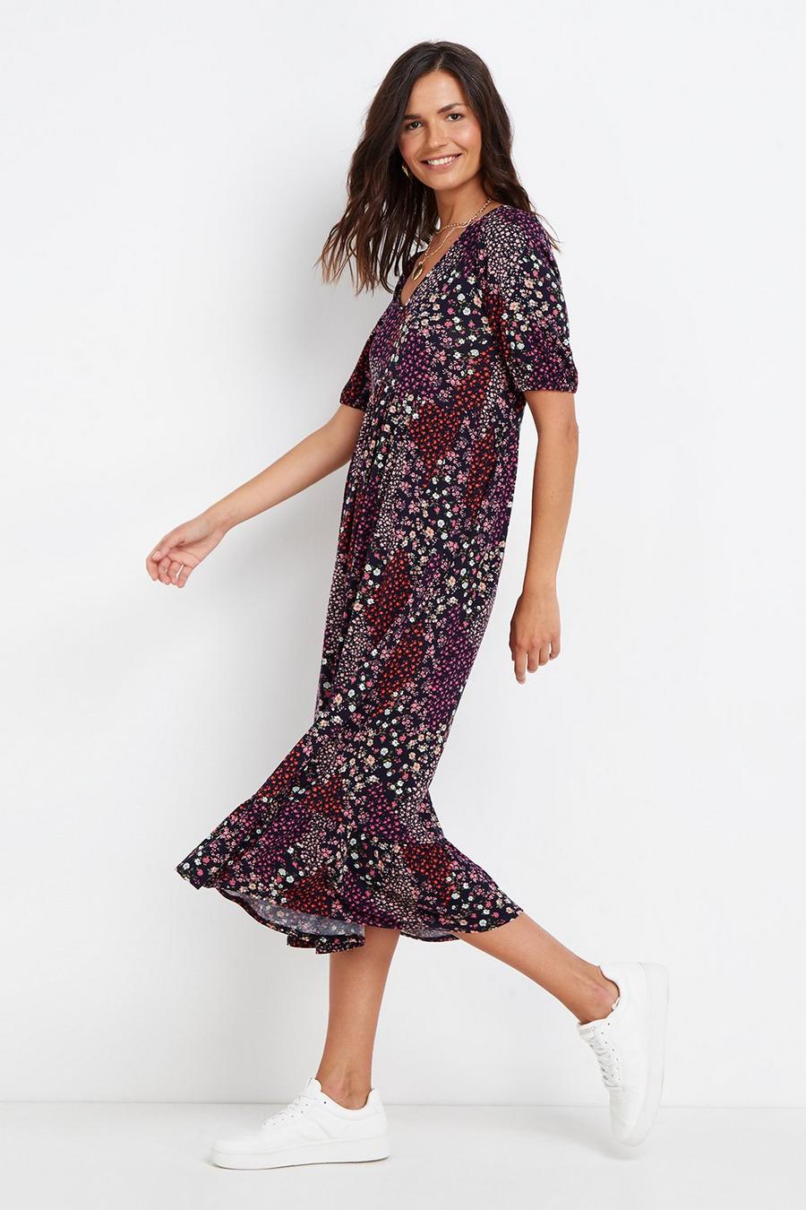 Berry Ditsy Floral Tiered Jersey Midi Dress