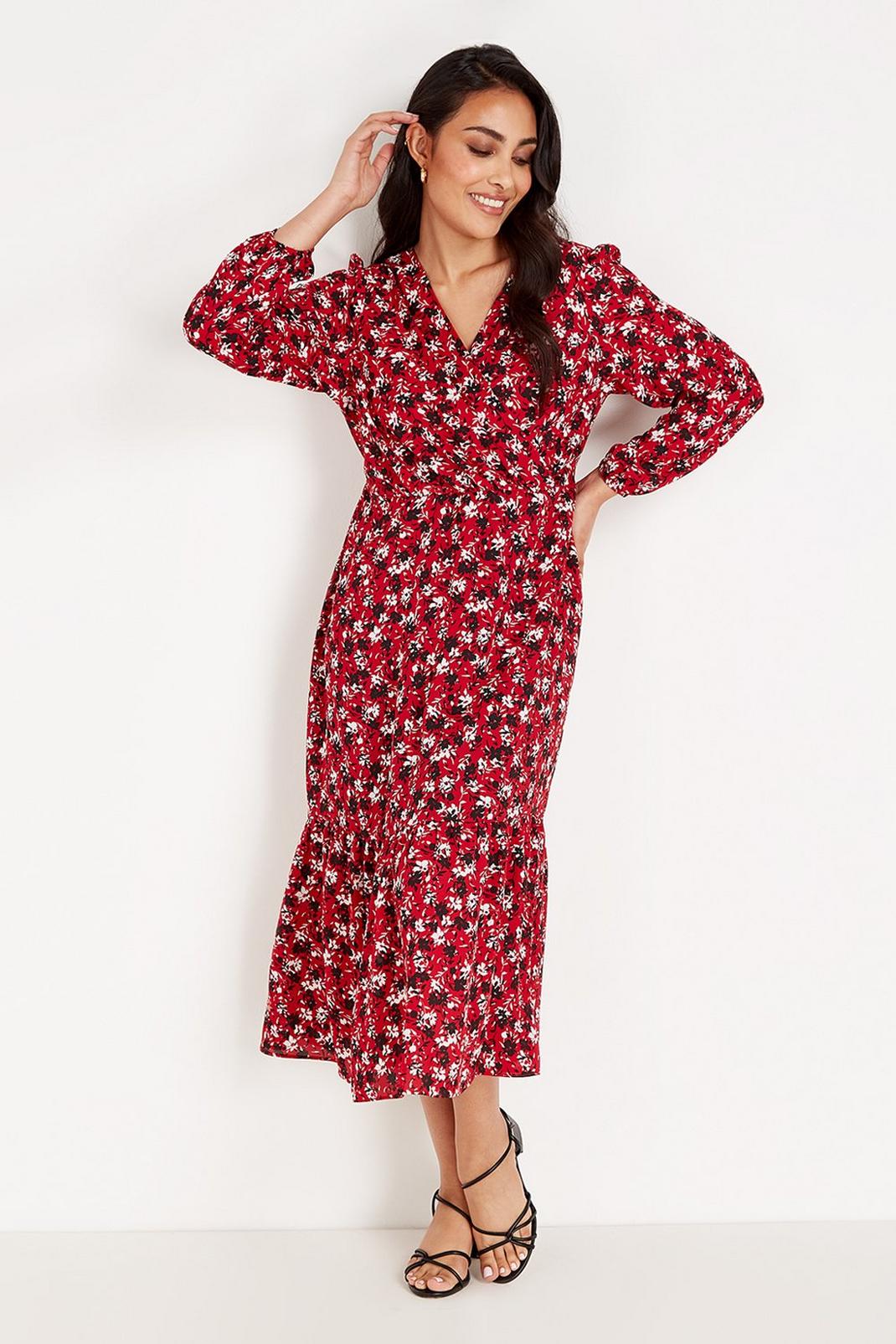 104 Petite Berry Floral Tiered Wrap Dress image number 2