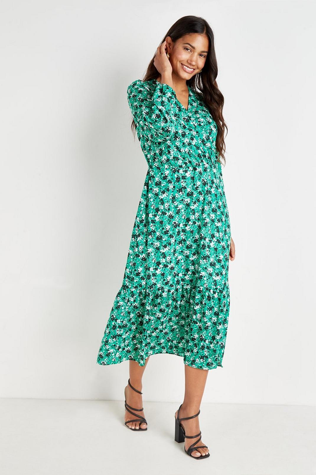 Green Floral Tiered Wrap Dress image number 1