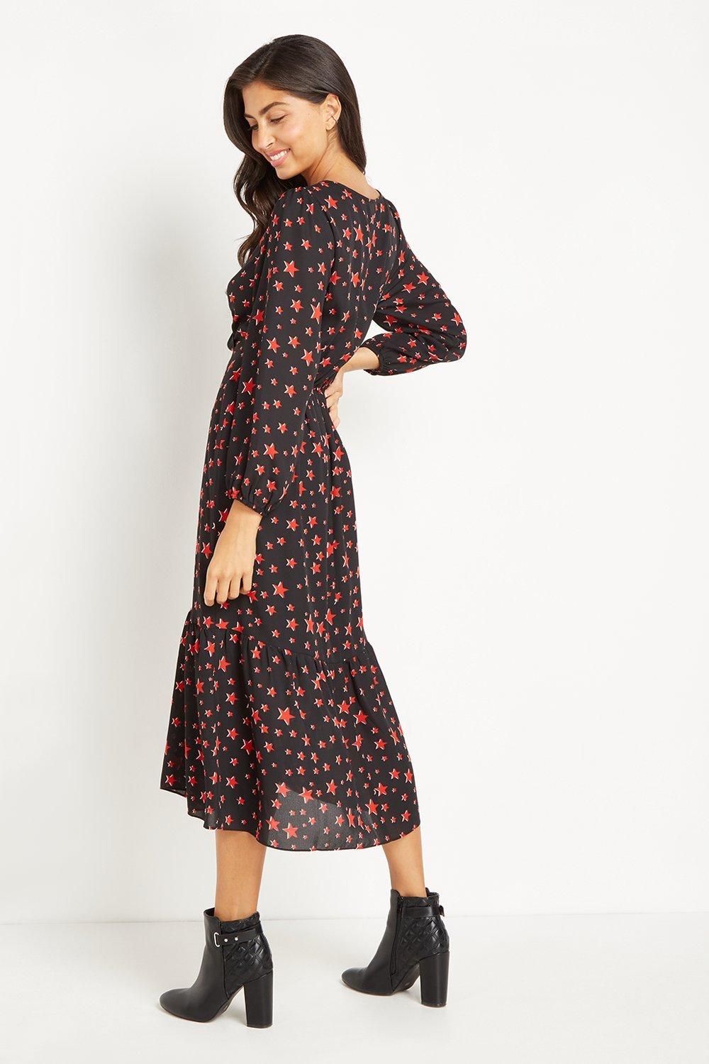 Black Star Print Tiered Wrap Dress | Wallis EU