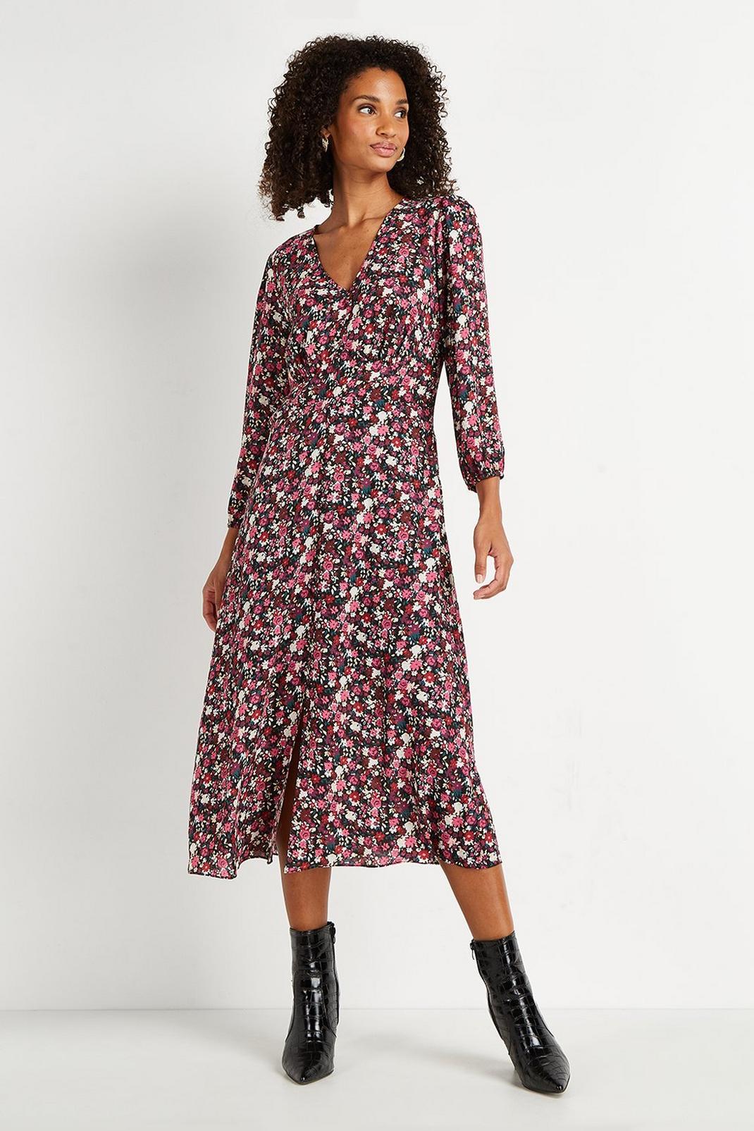 104 Tall Berry Floral Button Through Midi Dress image number 1