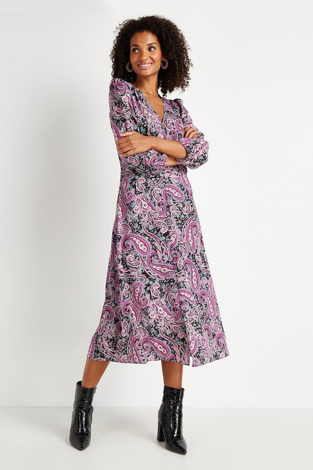 105 Tall Pop Paisley Button Through Midi Dress image number 1