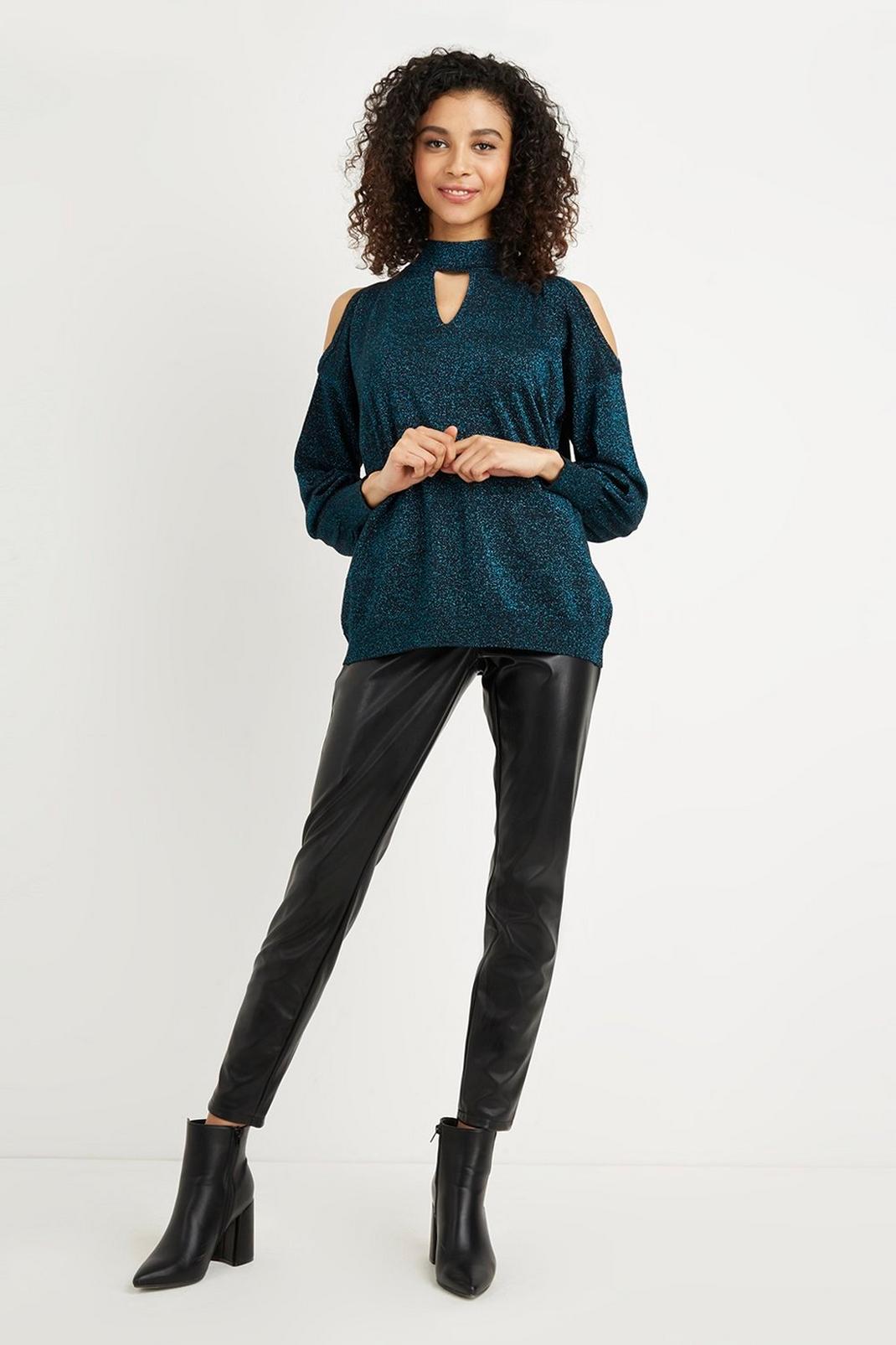168 Petite Teal Metallic Cut Out Neck Jumper image number 2
