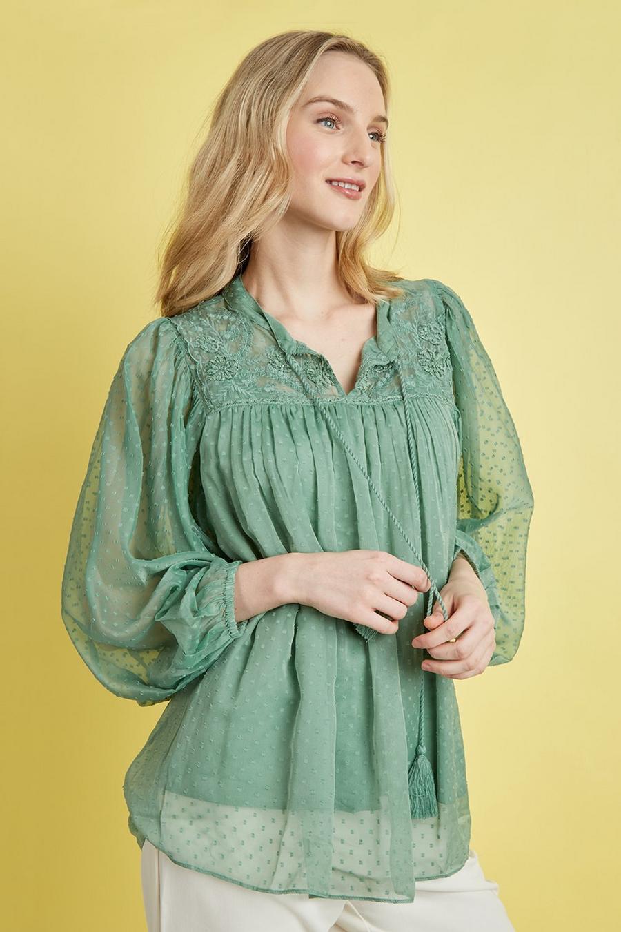 Embroidered Dobby Tassel Tie Top