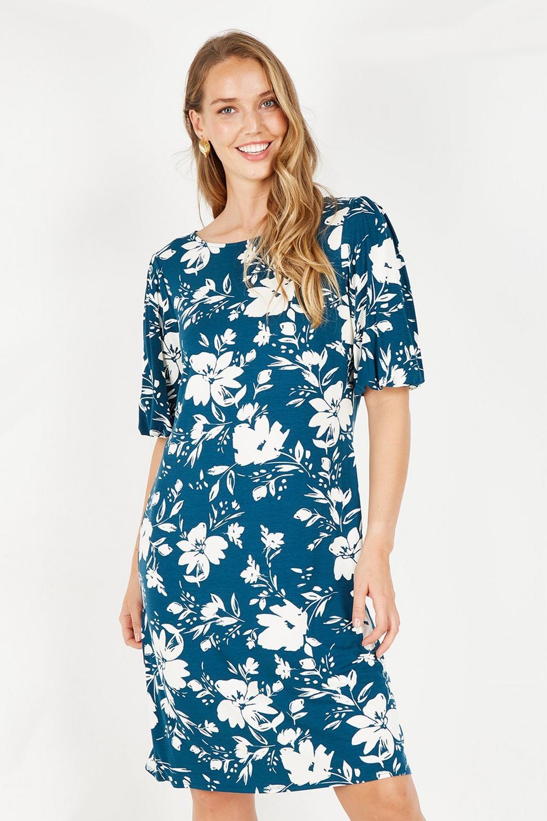 Tall Teal Floral Puff Sleeve Shift Dress image number 1