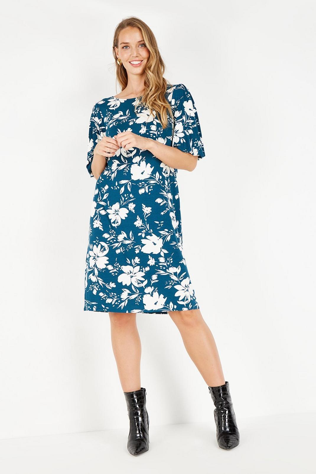 168 Tall Teal Floral Puff Sleeve Shift Dress image number 2