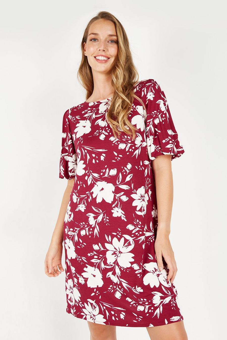 Berry Floral Puff Sleeve Shift Dress