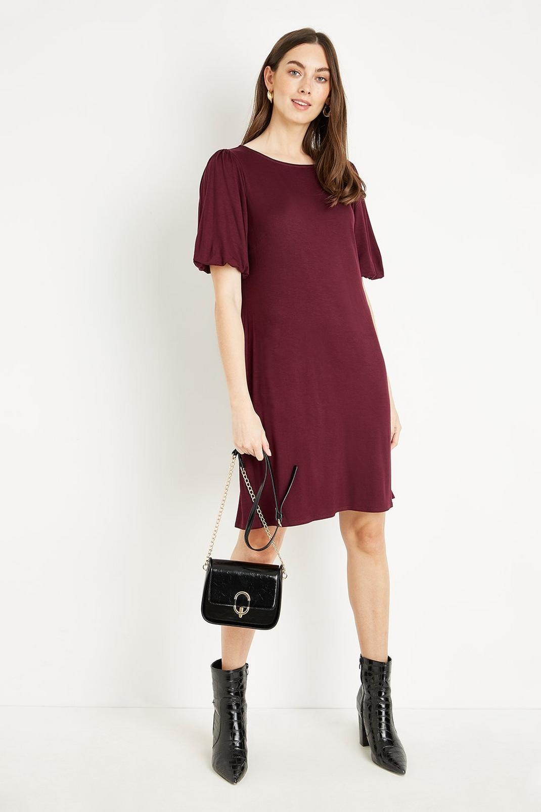 104 Berry Jersey Puff Sleeve Shift Dress image number 1