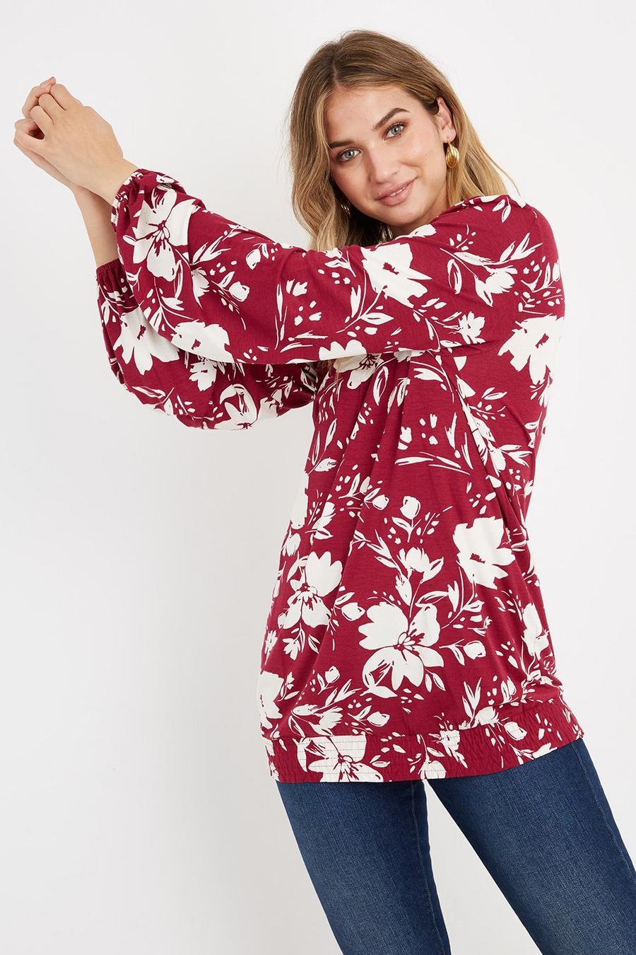 Tall Berry Floral Shadow Shirred Hem Top