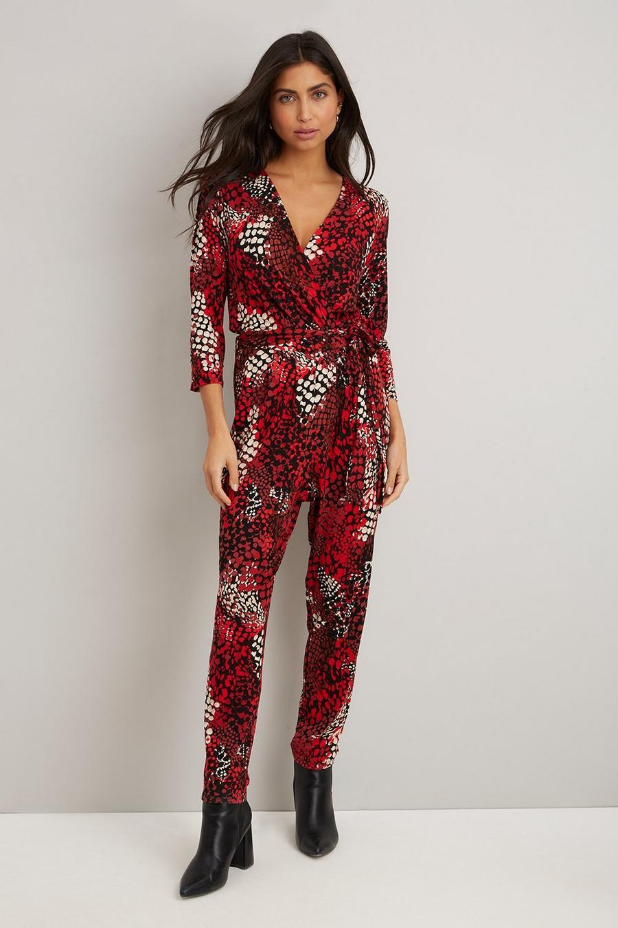 Red Snake Print Jersey Jumpsuit