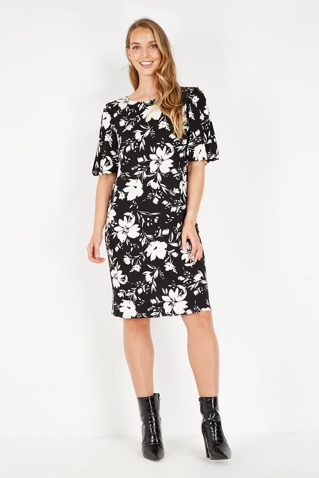 Tall Black Floral Puff Sleeve Shift Dress image number 1