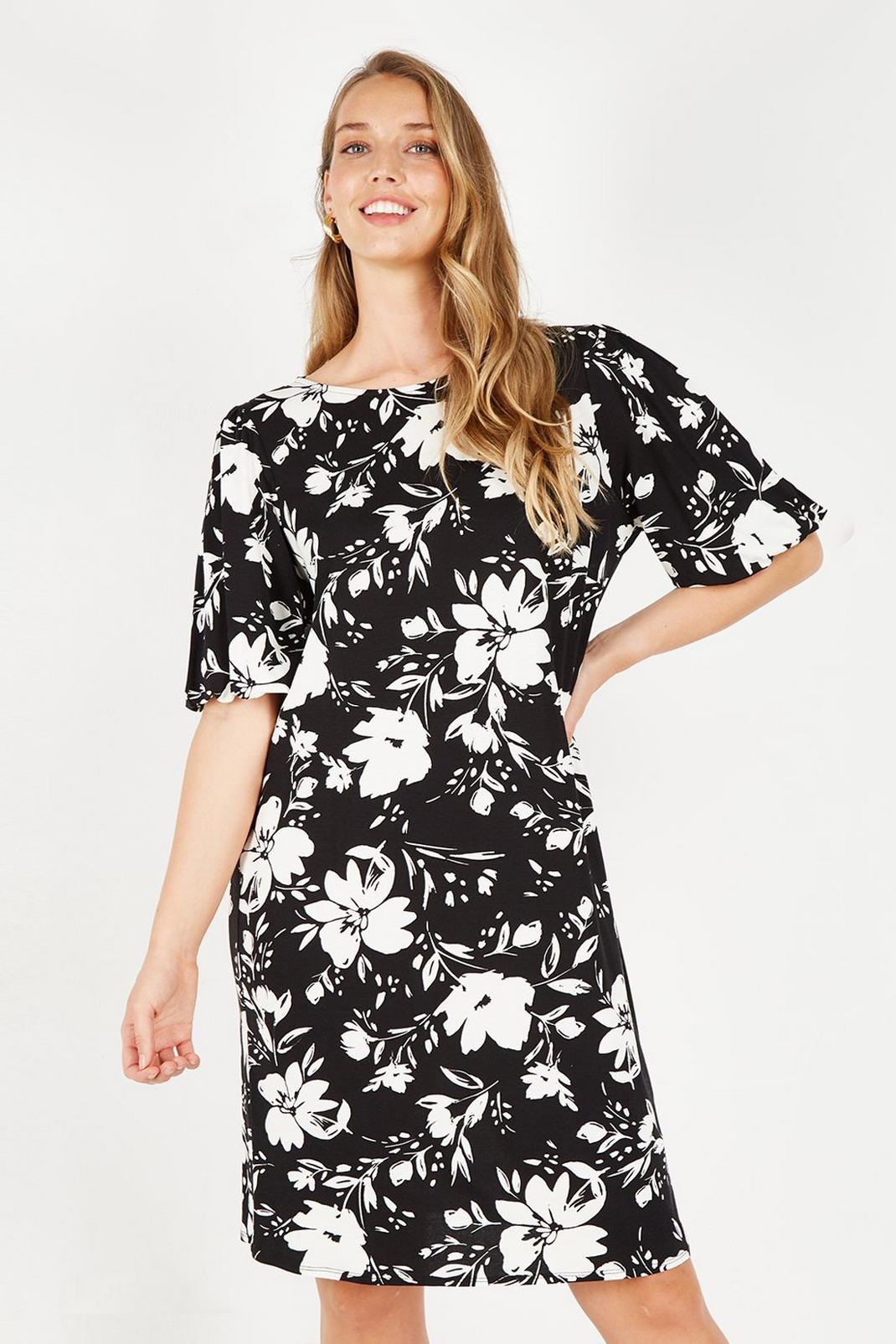 105 Tall Black Floral Puff Sleeve Shift Dress image number 2