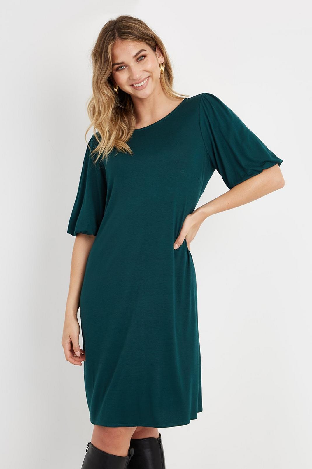 130 Green Jersey Puff Sleeve Shift Dress image number 2