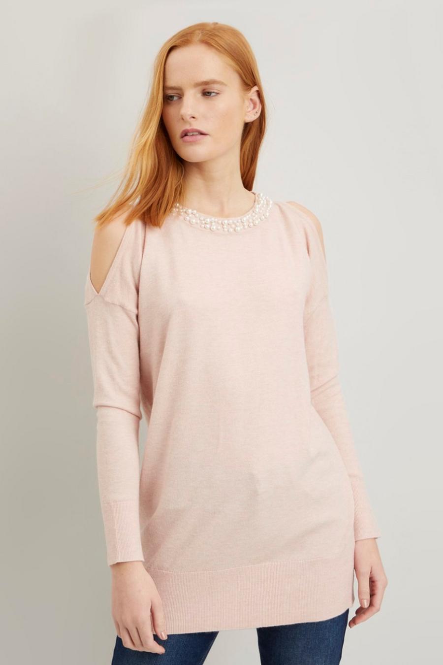 Pearl Neck Cold Shoulder Tunic